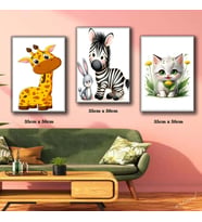 sevimli hayvanlar zebra tavşan kedi zürafa çocuk odası tablosu 3 adet 35cmx50cm kumaş baskılı canvas tablo