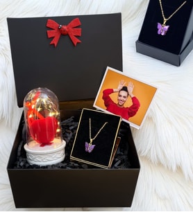Kelebek Kolyeli Fotoğraflı Kişiye Özel Hediye Kutusu - Premium Set (Model 6)