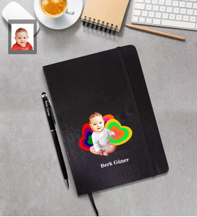 Kişiye Özel Erkek Bebek Karikatürlü Siyah Defter Kalem Hediye Seti Model-3