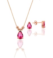 Söğütlü Silver Gümüş rose yakut renkli dorica damla kolye ve çivi modeli küpe seti