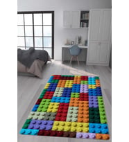 Kaymaz Taban Makinada Yıkanabilir Dijital Baskı LEGO Desenli Genç Halısı Dot Taban Halı (Çok Renkli)