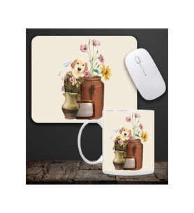 Baskılı Kupa & Bej Renk Köpek Ve Çiçek Motifli Mouse Pad 23x19cm Fare Altlığı Kaydırmaz Taban De590