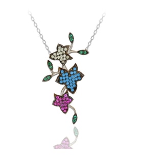 Renkli Taşlı Sarmaşıklı Çiçek Gümüş Kolye