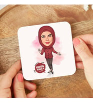 Kişiye Özel Karikatürlü Kahve Rengi Başörtülü Kadın Bardak Altlığı