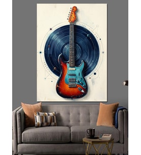 Gitar Ve Plak Sanat Tasarımı Dekoratif Kanvas - Mdf Ahşap Tablo