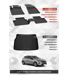 Sahler Renault Clio 5 2020+ Uyumlu 4.5D SAHLER Premium Havuzlu Paspas ve Liner Marka 3D Bagaj Havuzu - Clio