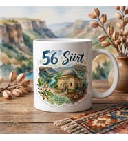 Siirt Temalı Memleket Kupası – 56 Siirt Botan Vadisi Veysel Karani Türbesi ve Siirt Fıstığı Suluboya Baskılı Seramik Kupa