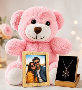 Kişiye Özel Fotoğraflı Pembe Peluş Ayıcık ve Mor Ametist Taşlı Lotus Çiçeği Kolye Hediye Seti
