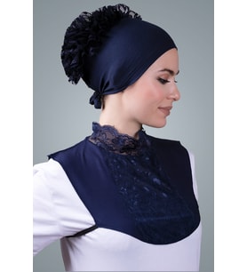 Lacivert Tesettür Boyunluk Viskon Kumaş Göğüs Dantelli 1005_02