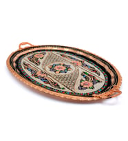 31x44 Cm Oval, Işlemeli, Pirinç Saplı Kalın Bakır Çay Ve Kahve Sunum, Servis Tepsisi (Metal)