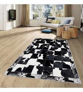 Gri Dana Desenli Pacthwork Yıkanabilir Kaymaz Taban Leke Tutmaz Modern Salon Halısı ve Yolluk (Beyaz)