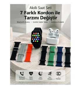 Mey İthalat® Bluetooth Görüşme Destekli Akıllı Saat Seti Kablosuz Kulaklık, 7 Kordon ve Çoklu Spor M