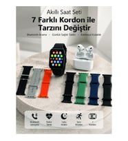 Mey İthalat® Bluetooth Görüşme Destekli Akıllı Saat Seti Kablosuz Kulaklık, 7 Kordon ve Çoklu Spor M