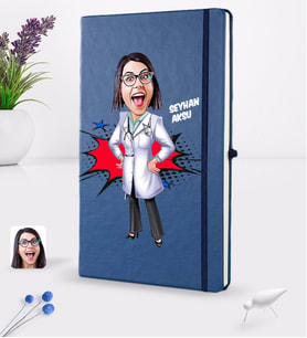 BK Gift Kişiye Özel Kadın Doktor Karikatürlü Lacivert Termo Deri Defter 16x24cm Model 1