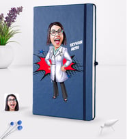 BK Gift Kişiye Özel Kadın Doktor Karikatürlü Lacivert Termo Deri Defter 16x24cm Model 1