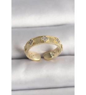 Pirinç Gold Renk Zirkon Taşlı Yonca İşlemeli Ayarlanabilir Yüzük TJ-BYK3545