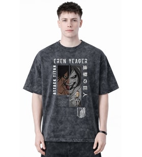 Tasarım Eren Yeager Attack On Titan Anime Baskılı Unisex Oversize Eskitme Yıkamalı Tişört