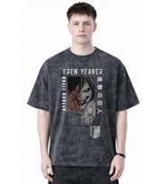 Tasarım Eren Yeager Attack On Titan Anime Baskılı Unisex Oversize Eskitme Yıkamalı Tişört