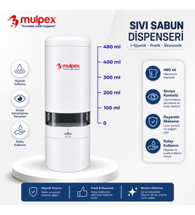 Mulpex 480 ml Beyaz Duvara Monte Sıvı Sabun Dispenseri Premium Kalite ABS Gövde
