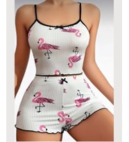 Lily Pembe/Beyaz Flamingo Desenli %100 Pamuk İnce Askılı Büstiyer Şort Takım