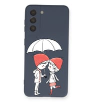 Samsung Galaxy S21 FE Uyumlu Lansman Kılıf Aşk Tasarımlı İçi Kadife Kapak-Petrol Mavisi (Şeffaf)