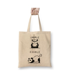 Panda Yoga Inhale Exhale Fitness Beyaz Bez Çanta Uzun Saplı Alışveriş Çantası Plaj Çantası