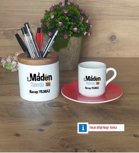 Maden Mühendisi Hediyeleri Türk Kahvesi Fincanı Kırmızı, Kalemlik Kişiye Özel Hediye (Model 1)