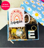Çiçekli Epoksi Anahtarlık Ve Gökkuşağı Anne Tasarımlı Kupa Set
