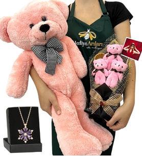 Fotoğraflı Hediye Seti - Ametist Taşlı Lotus Kolye, 3'lü Ayıcık Buketi ve Pembe Peluş Ayıcık (Model 5)