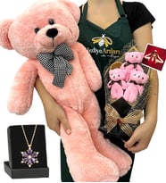 Fotoğraflı Hediye Seti - Ametist Taşlı Lotus Kolye, 3'lü Ayıcık Buketi ve Pembe Peluş Ayıcık (Model 5)