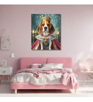 Tekli Dikey Kanvas Duvar Tablosu Prenses Kostümlü Beagle Köpek