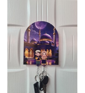 Camii ve Başörtülü Kadın ve Erkek Figürlü Ahşap Anahtarlık ve Askılık