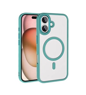 Coverzone iPhone 16 ile uyumlu K?l?f Wireless ?arj �zellikli Metal buton Z-Krom MagSafe ile uyumlu ?effaf Transparan Double Color Silikon Kapak Ye?il