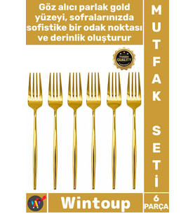 #Çatal Lüks Şık Modern Tasarım Mutfak Sofra Paslanmaz Çelik Gold Renk 6 Parça Yemek Çatalı Seti
