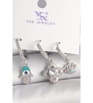 Pirinç Gümüş Renk Zirkon Taşlı Fatma Ana Yonca Figür Göz Detay 3'Lü Kadın Kombin Küpe 5886