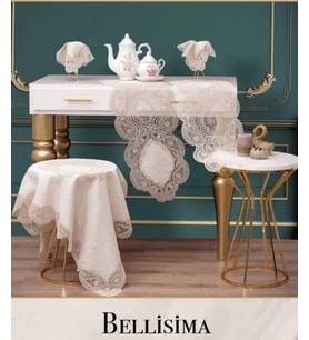 Salon Takımı 5 Parça Velvet Kadife Dantelli Masa eÖrtüsü Runnr Seti Bellisima Model No 8652- Krem