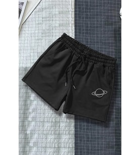 Tasarım Baskılı Pamuk Unisex Penye Short (Siyah)