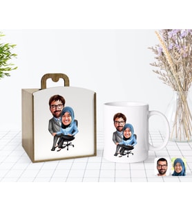 BK Gift Kişiye Özel Ahşap Kutuda Sevgililer Karikatürlü Beyaz Kupa Bardak-59