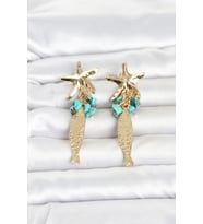 Deniz Yıldızı ve Balık Detaylı Mi Taşlı Gold Renk Kadın Küpe TJ-BKP11794