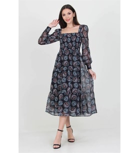 Neşeli butik siyah kadın siyah gipeli kare yaka desenli şifon elbise NB100361