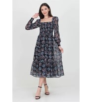 Neşeli butik siyah kadın siyah gipeli kare yaka desenli şifon elbise NB100361