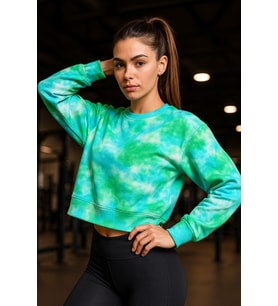 Kadın Batik Desen Renkli Crop Oversize Relaxed Uzun Kollu Sweatshirt