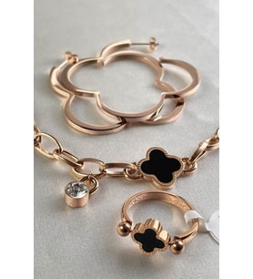 Şans Yoncası Çelik Bileklik, 2 Yüzük ve Küpe (Gold)