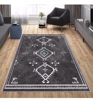 Gri Zemin Bohem Etnik Kilim Desen Yıkanabilir Kaymaz Taban Leke Tutmaz Modern Salon Halısı ve Yolluk (Gri-Beyaz)