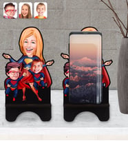 BK Gift Kişiye Özel Süper Anne ve Süper Çocuklar Karikatürlü Ahşap Biblo Telefon Standı-1