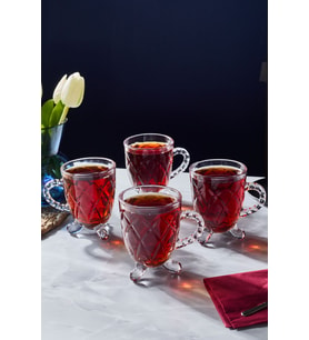 Porsima 15720 Ayaklı Kulplu Desenli 4'lü Cam Bardak - Kulplu Çay Kahve Bardağı - 200 cc (Şeffaf)