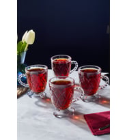Porsima 15720 Ayaklı Kulplu Desenli 4'lü Cam Bardak - Kulplu Çay Kahve Bardağı - 200 cc (Şeffaf)