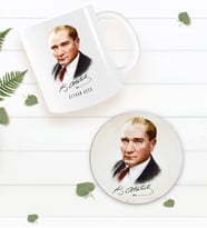 BK Gift Kişiye Özel Atatürk Temalı Beyaz Kupa Bardak ve Yuvarlak Ahşap Bardak Altlığı Hediye Seti -12