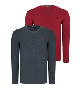 İKİLİ SET T8587 DEWBERRY V YAKA ERKEK SWEATSHIRT-BORDO-ANTRASİT