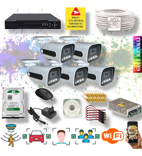 Qromax 5 Kameralı Set - Yapay Zeka Özellikli Gece Renkli Gösteren 5MP SONY Lensli 4 Ultra Warm Ledli FULLHD Güvenlik Kamerası Seti 784W-118